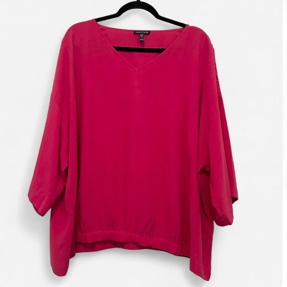 Eileen Fisher Silk Georgette V-Neck Top 3X Fuchsia Pink Lagenlook Minimalist - Picture 8 of 8